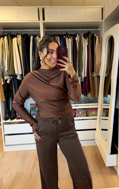 strass straight fit jogger choco bruin