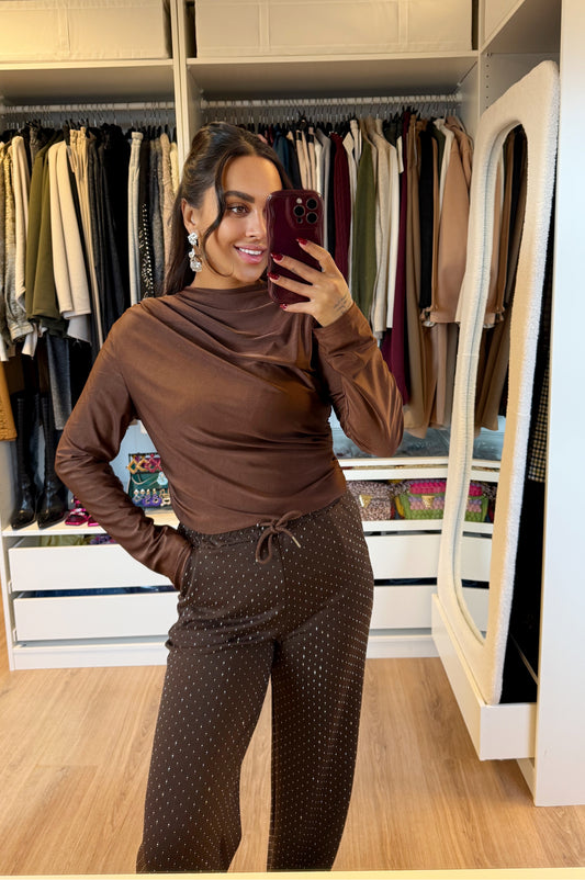 strass straight fit jogger choco bruin
