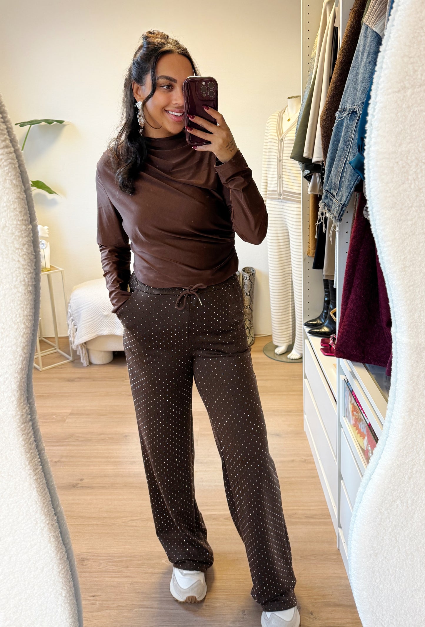 strass straight fit jogger choco bruin