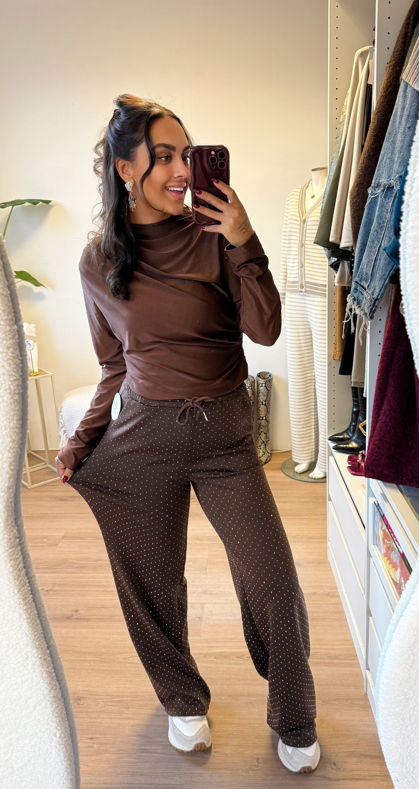 strass straight fit jogger choco bruin