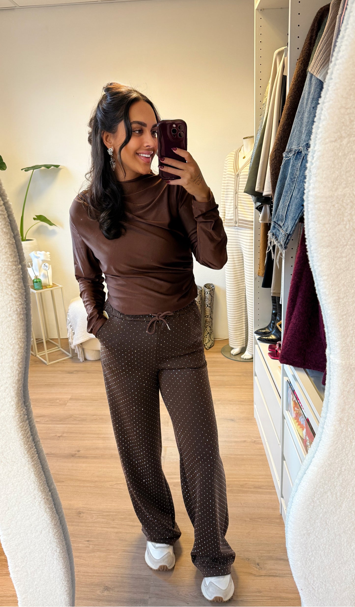 strass straight fit jogger choco bruin