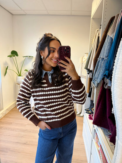 Streep trui met denim kraag wit & bruin