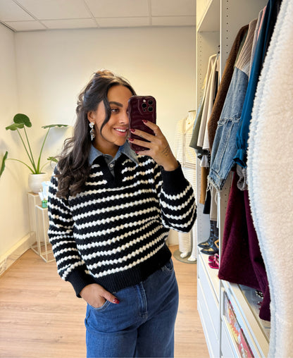 Streep trui met denim kraag wit & zwart