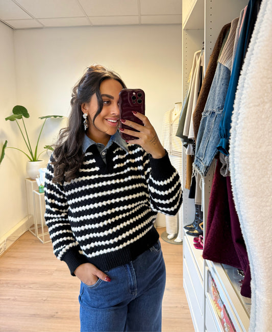 Streep trui met denim kraag wit & zwart