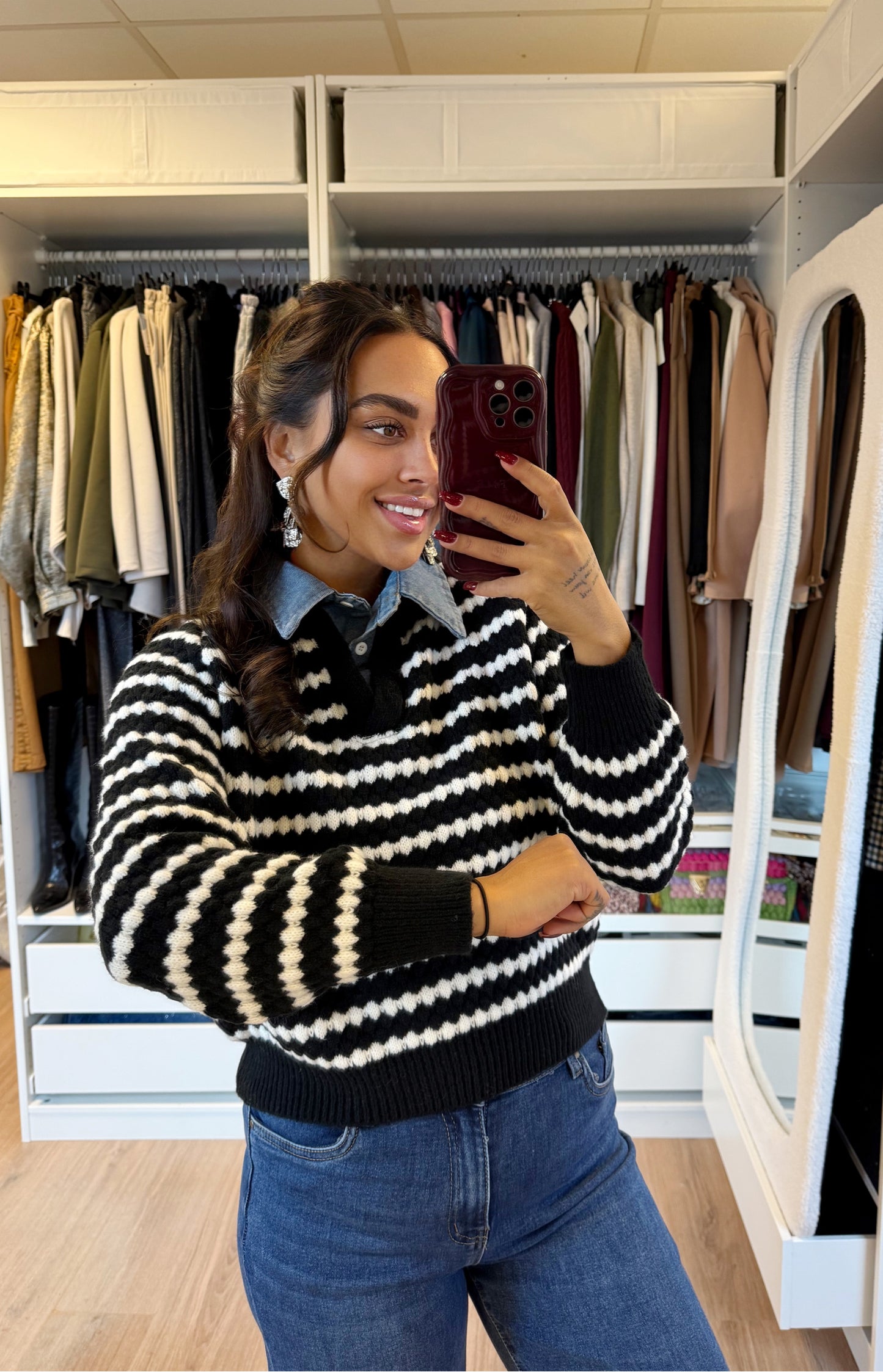 Streep trui met denim kraag wit & zwart