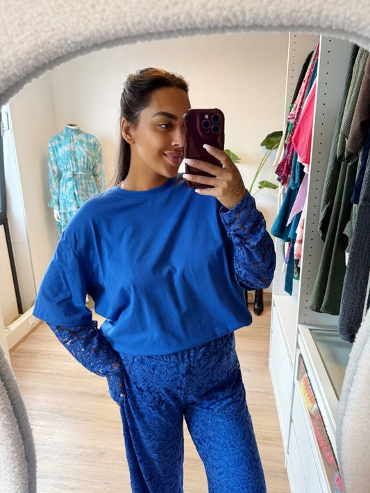 Leah lace T-shirt longsleeve kobalt