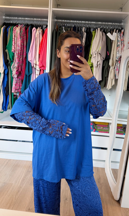 Leah lace T-shirt longsleeve kobalt