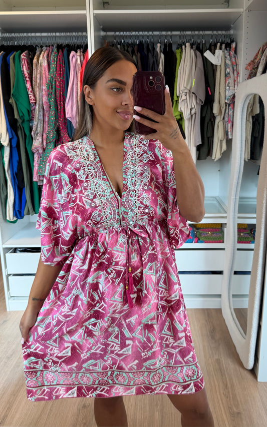 Boho dress dark pink & mint