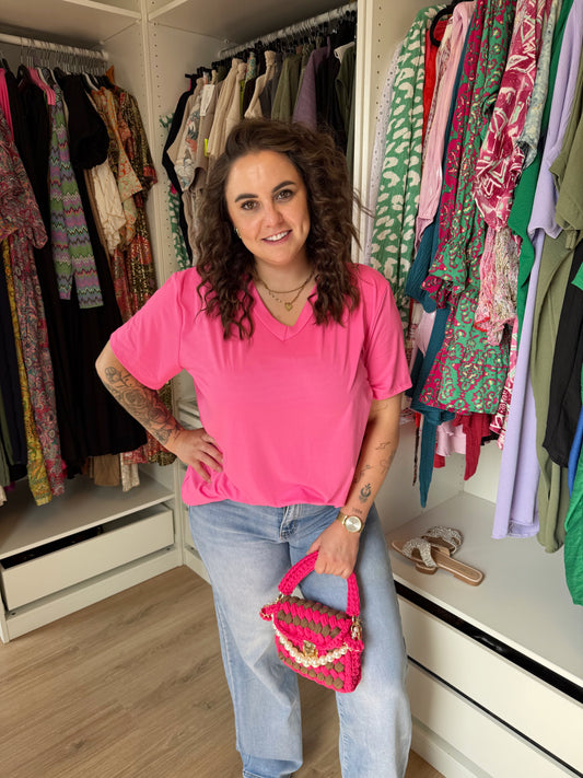 Basic T-shirt hot pink v-hals 40/48