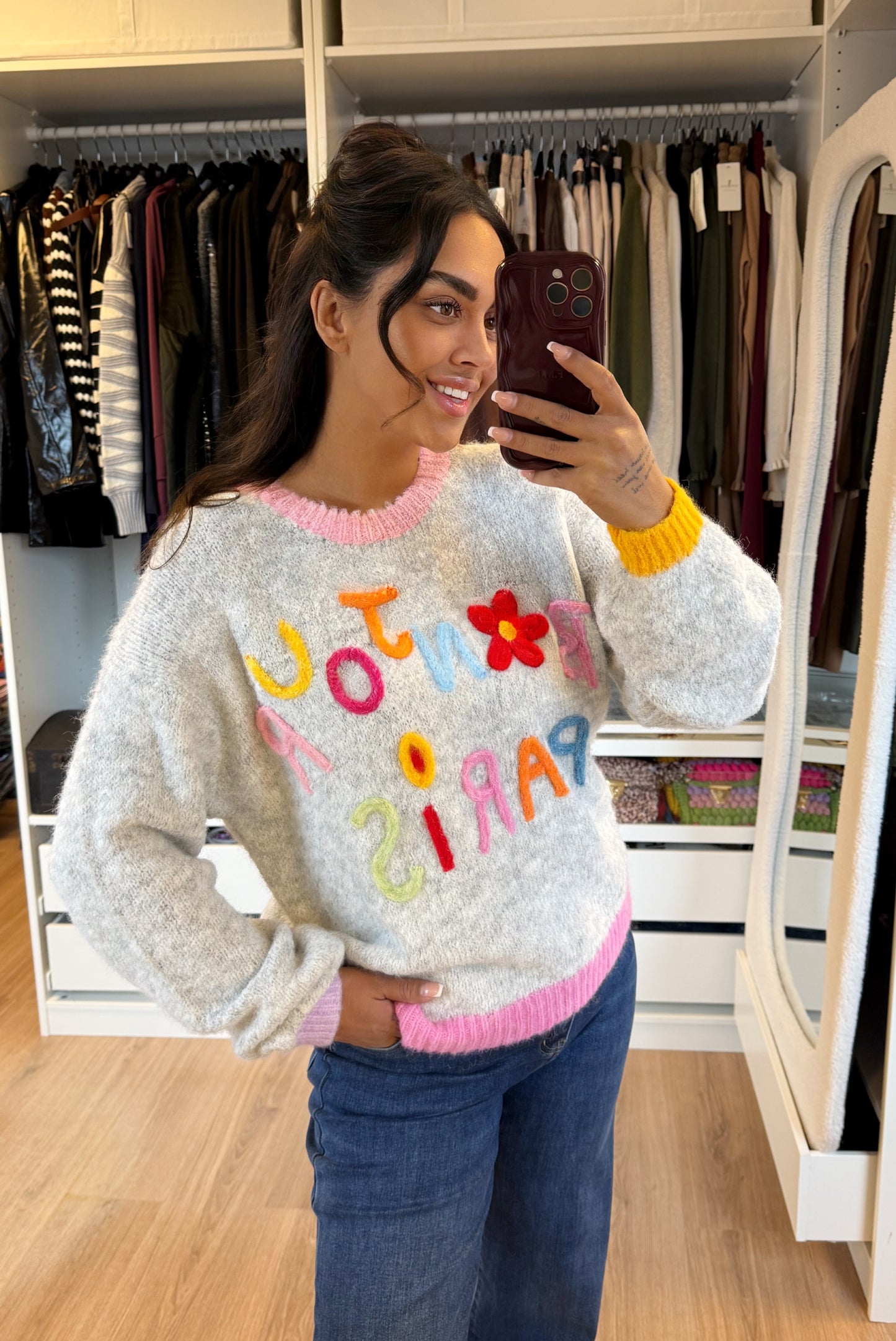 Trui bonjour paris lightgrey & pink