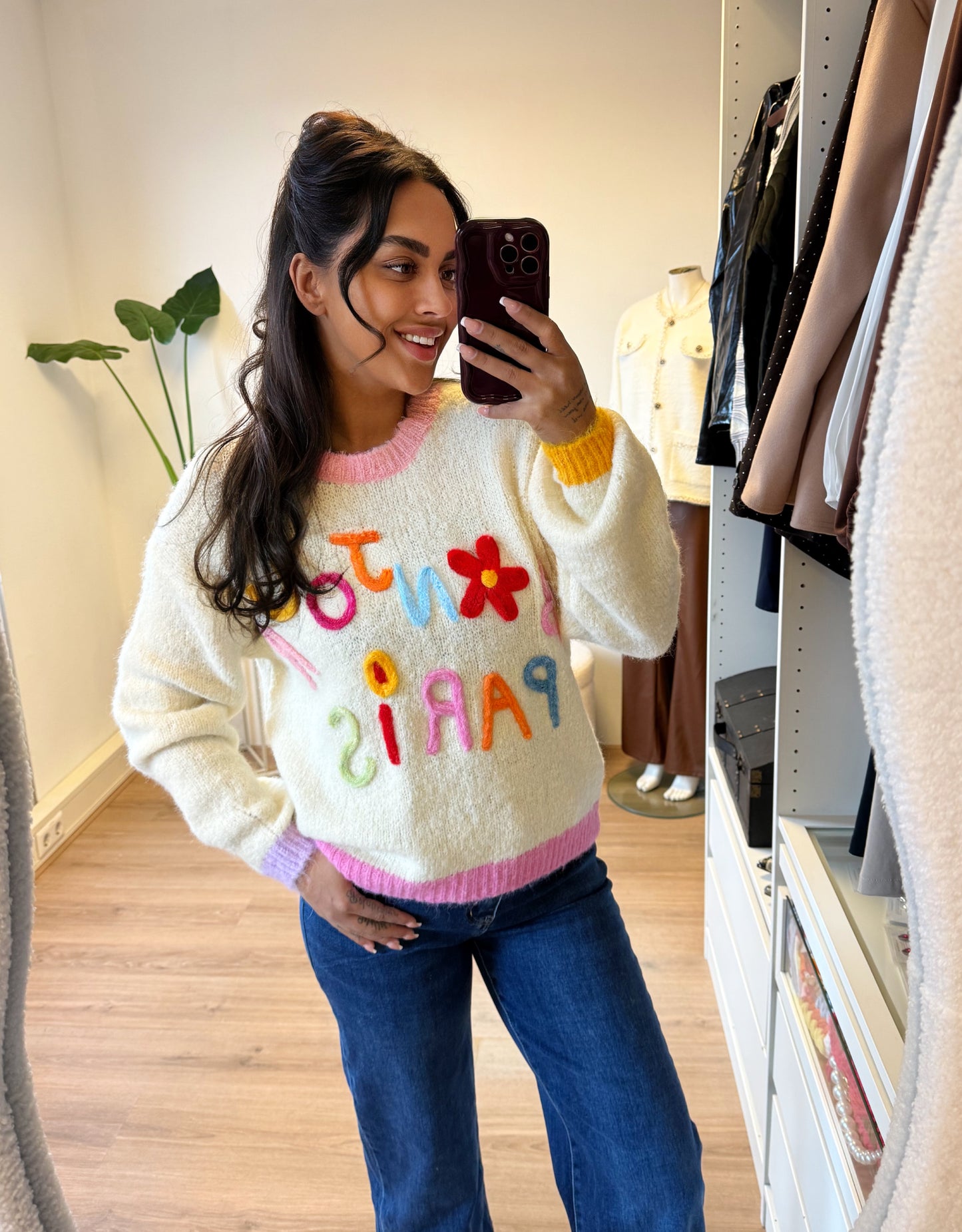 Trui bonjour paris offwhite & pink