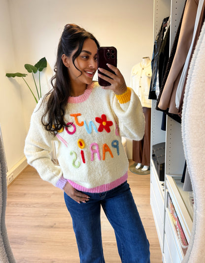 Trui bonjour paris offwhite & pink