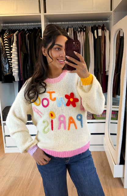 Trui bonjour paris offwhite & pink