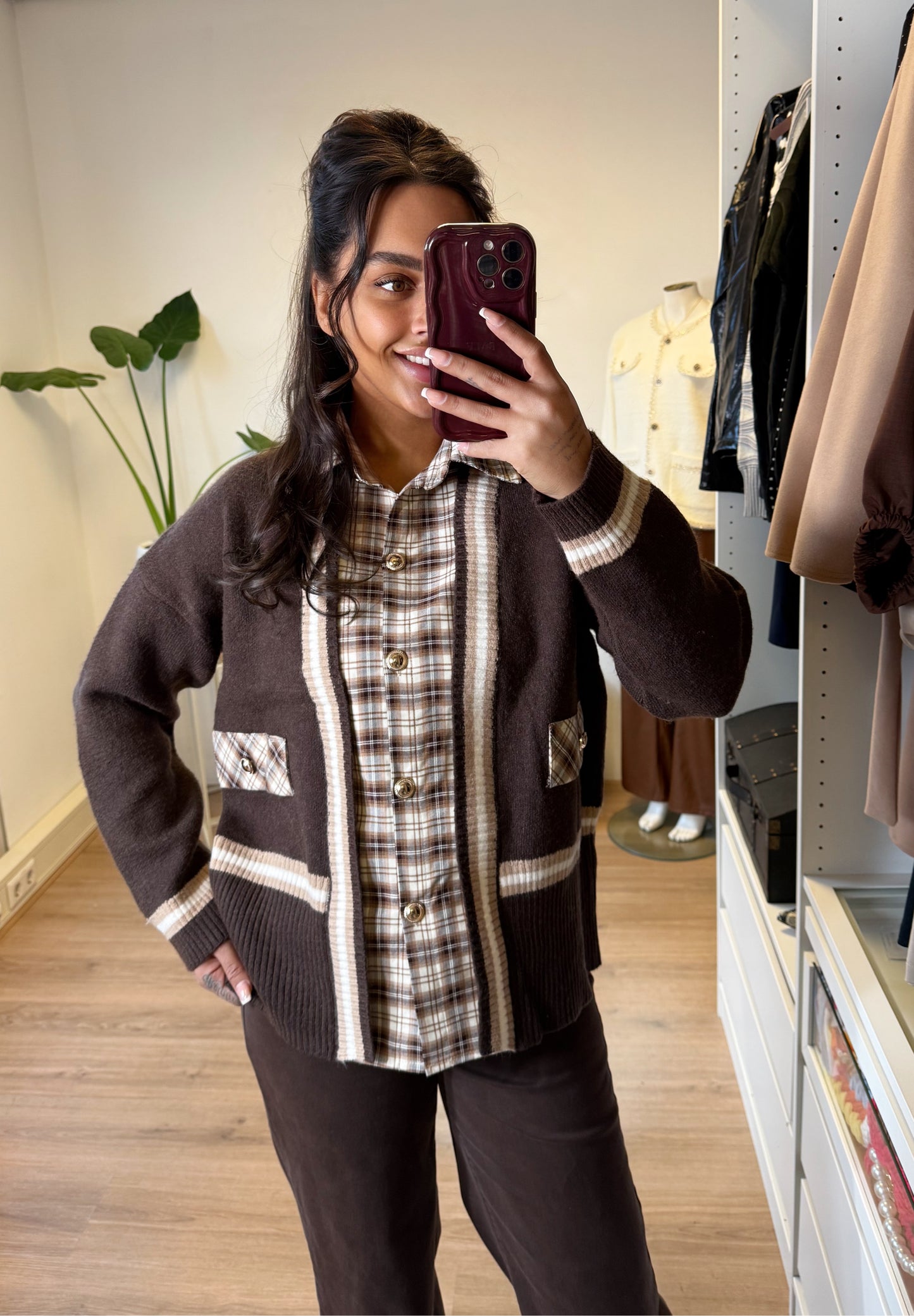 2 in 1 blouse trui met ruit print choco bruin