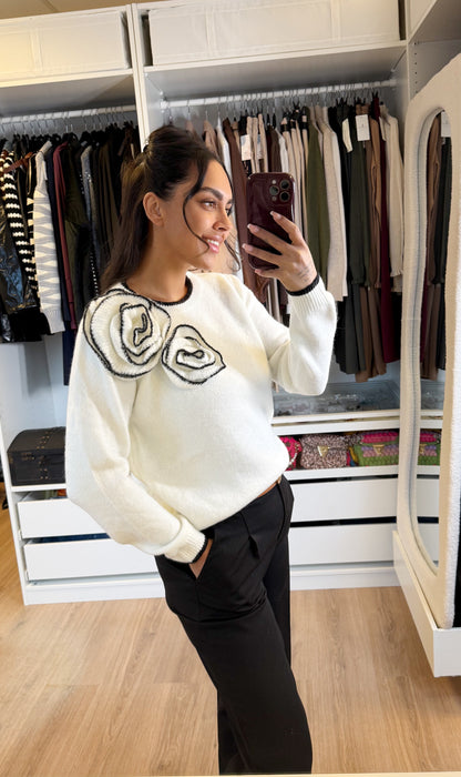 Trui met bloemapplicaties offwhite/zwart