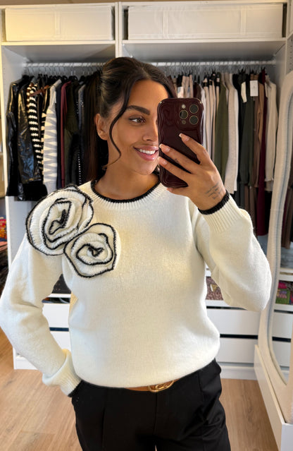 Trui met bloemapplicaties offwhite/zwart