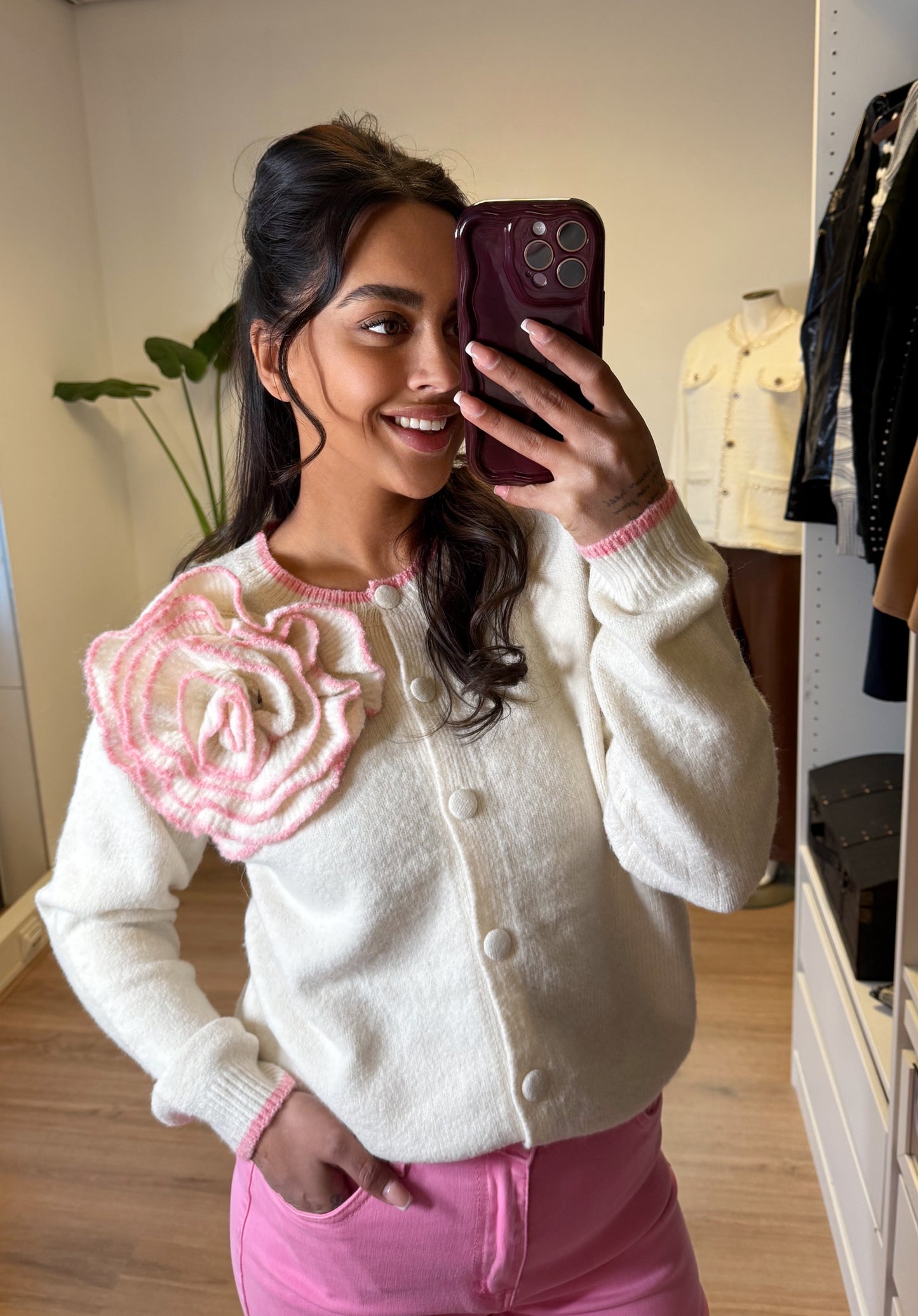 Trui & vest met bloemapplicatie offwhite/lichtroze