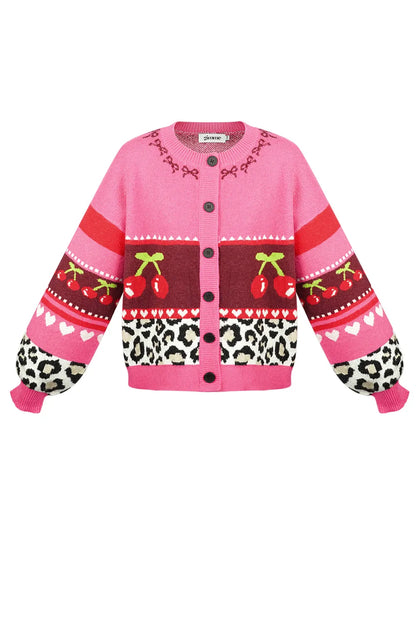 Urmila B - Roze cherry vest - Glitter jack zwart met ceintuur - Oorbellen blauw & groen