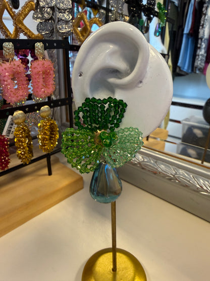 Flower Earrings With Pearl - Green