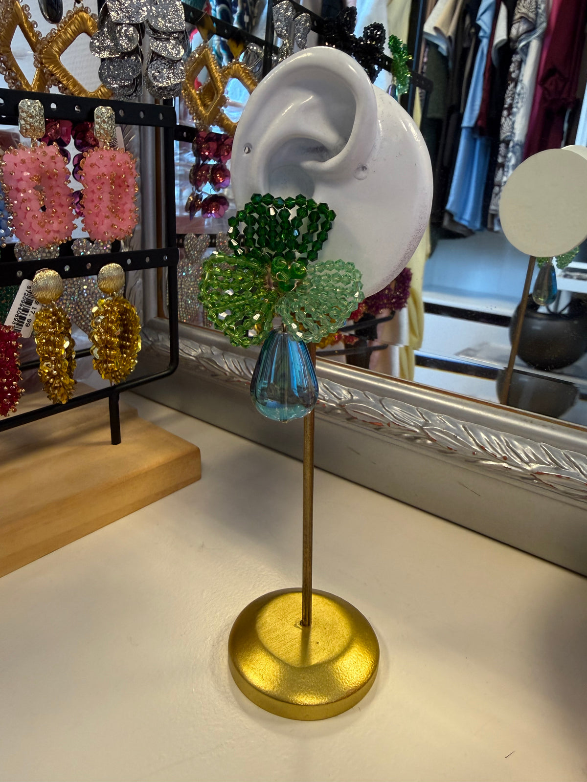 Flower Earrings With Pearl - Green
