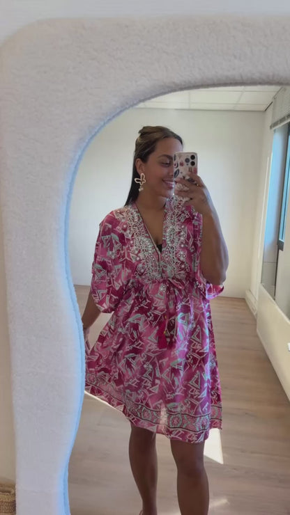 Boho dress dark pink & mint